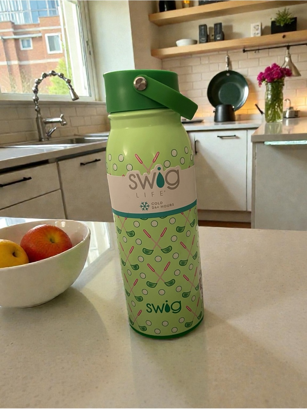 Swig Life Lime Green Insulated Water Bottle with Golf Pattern